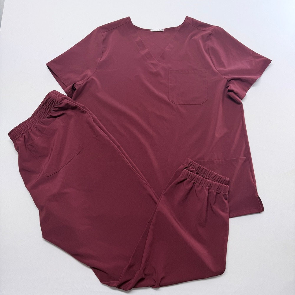 MedPla Burgundy V-Neck Scrub Top and Jogger Pants Set Size 3XL Wine Red